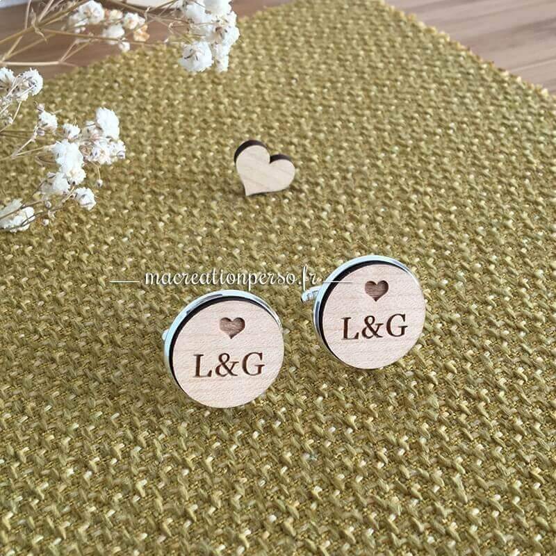 Paire de boutons de manchette personnalisable bois et argent 