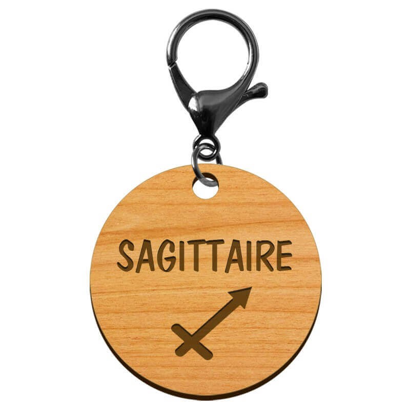 Signe astrologique sagittaire porte clé personnalisable bois mousqueton noir
