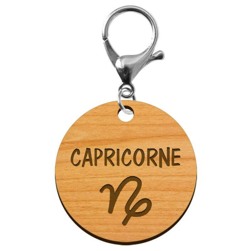 Signe capricorne astrologique porte-clé bois personnalisé mousqueton argenté