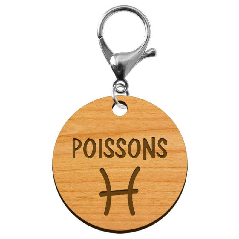 Signe des poissons astrologique porte-clé personnalisé bois mousqueton argenté