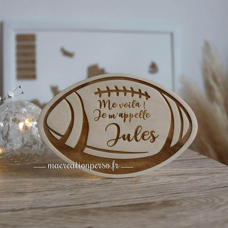 Carte de naissance en bois rugbyman