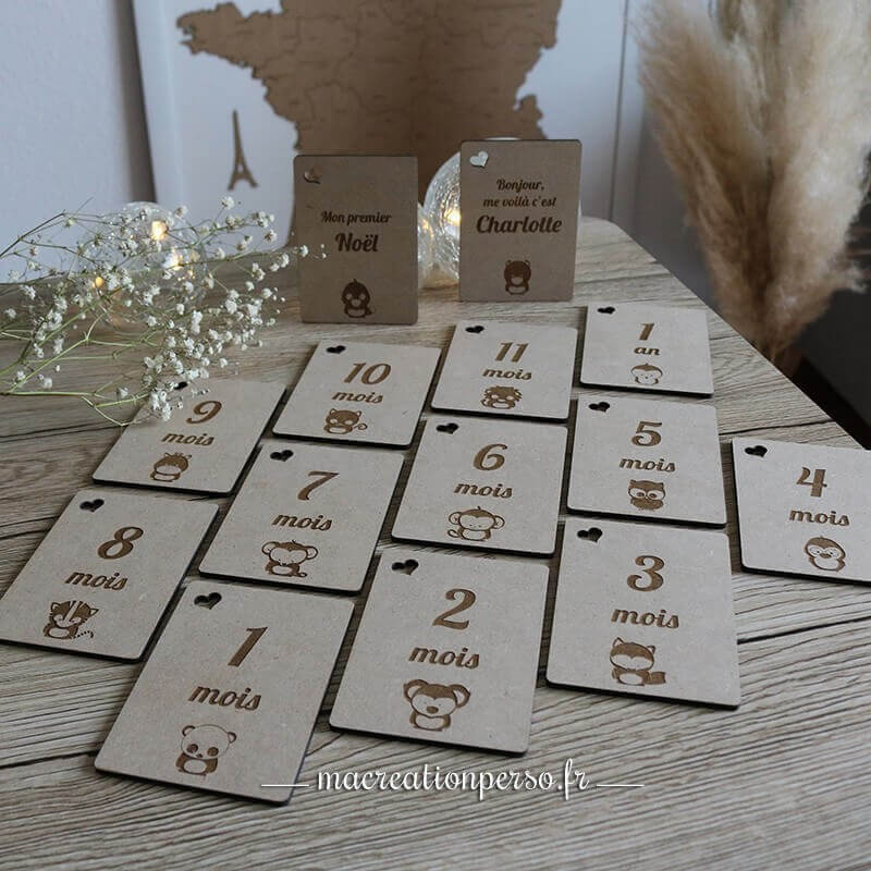 Cartes étapes en bois personnalisées  sur le thème des animaux