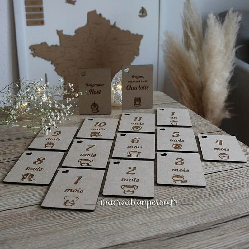 Cartes étapes en bois gravéés  sur le thème des animaux