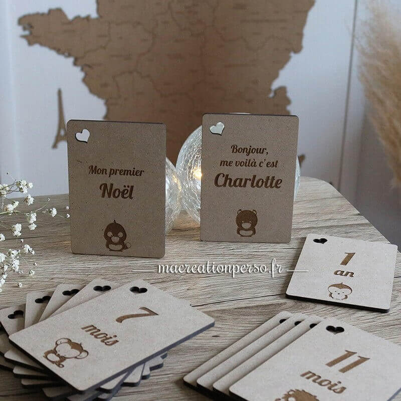 Cartes étapes en bois gravées sur le thème des animaux
