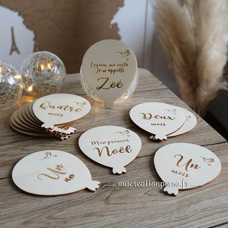 Cartes étapes ballon et colibri personnalisées en bois - Divers coloris de bois