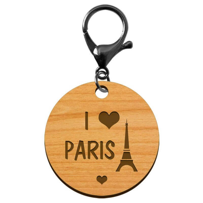 Porte clé Paris cœur en bois personnalisé mousqueton noir