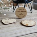 Lot de trois magnets rond et coeur en bois personnalisés
