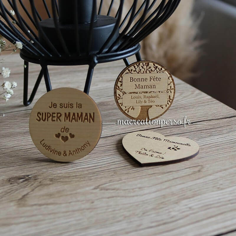 Lot de magnet en bois a personnaliser coeur et rond
