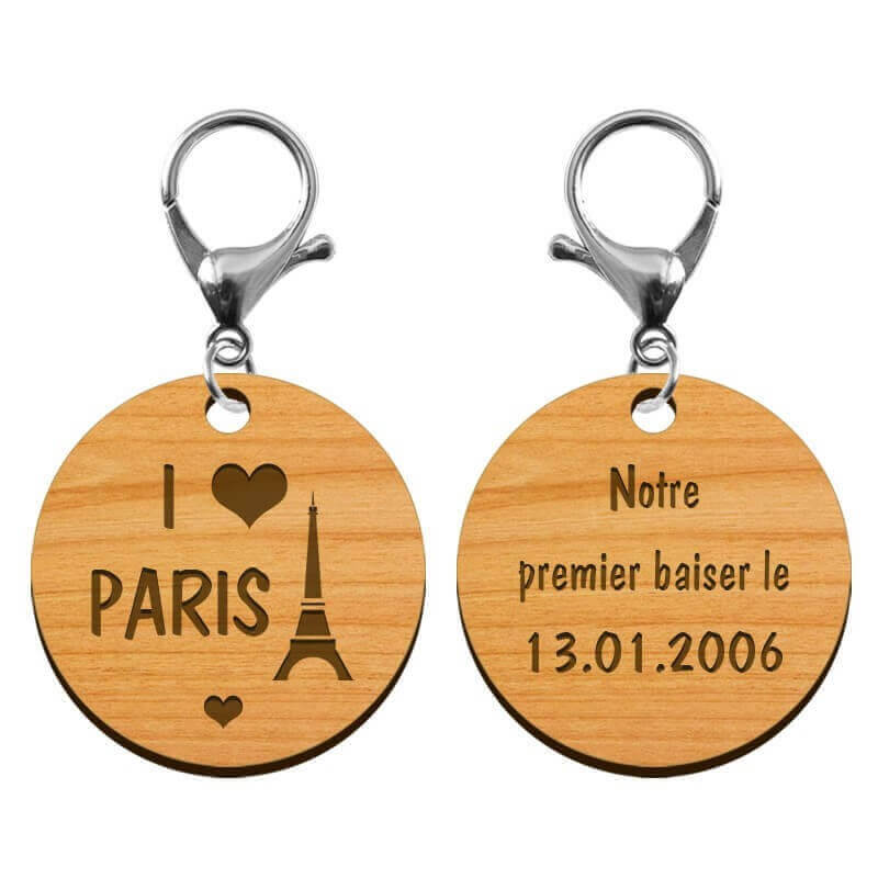 Porte-clé personnalisé gravé j'aime Paris bois mousqueton argenté