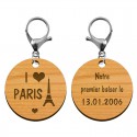 Porte-clé personnalisé gravé j'aime Paris bois mousqueton argenté