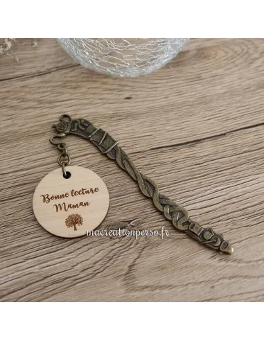 Marque-pages fête des mères gravé thème théière avec rond en bois vernis personnalisé
