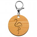 Porte clé flamant rose rond en bois 45 mm avec mousqueton argenté