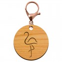 Porte-cléf personnalisé flamant rose rond en bois 45 mm avec un mousqueton de couleur rose métallique