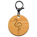 Porte-clé en bois motif flamant rose diamètre 45 mm avec mousqueton noir