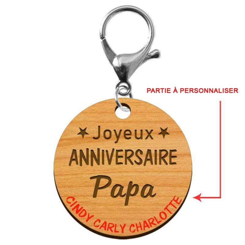 Porte-clé "Joyeux anniversaire Papa" prénoms à personnaliser mousqueton argenté