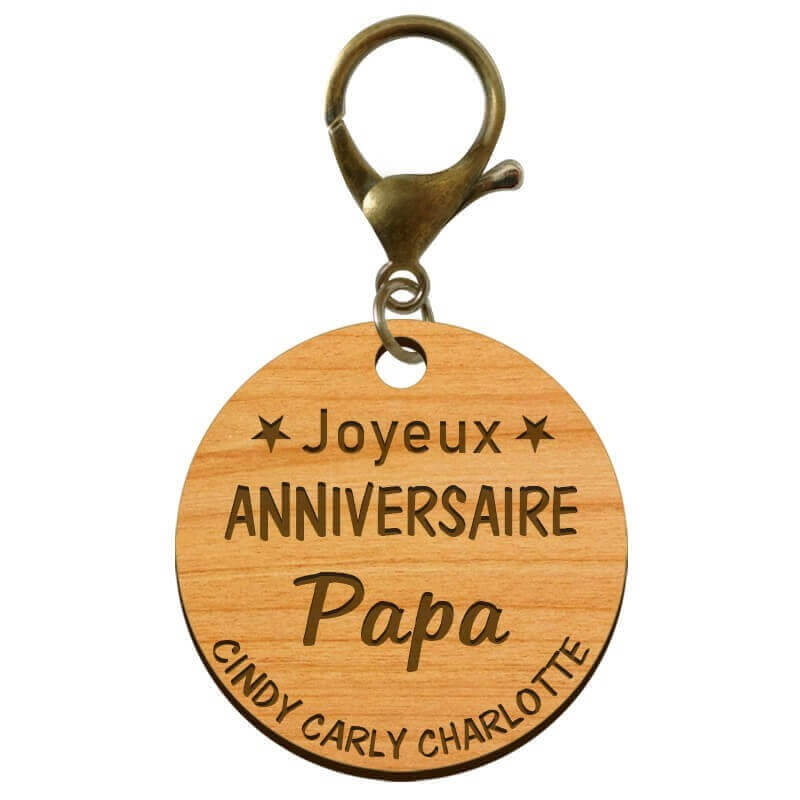 Porte-clé "Joyeux anniversaire Papa" prénoms à personnaliser mousqueton vieil or