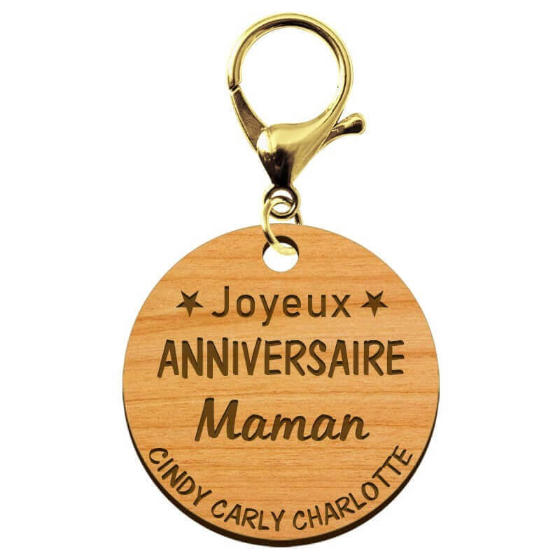Porte-clé "Joyeux anniversaire Maman" prénoms à personnaliser mousqueton doré
