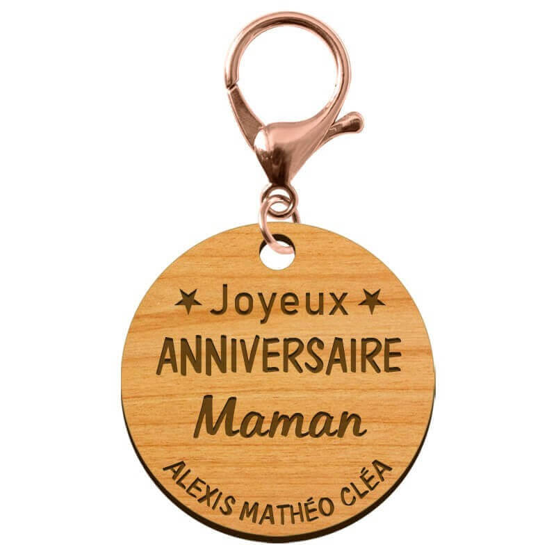 Porte-clé "Joyeux anniversaire Maman" prénoms à personnaliser mousqueton rose