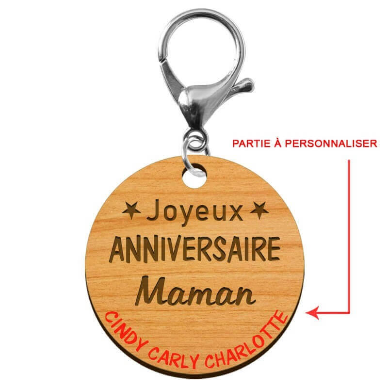 Porte-clé "Joyeux anniversaire Maman" prénoms à personnaliser mousqueton argenté
