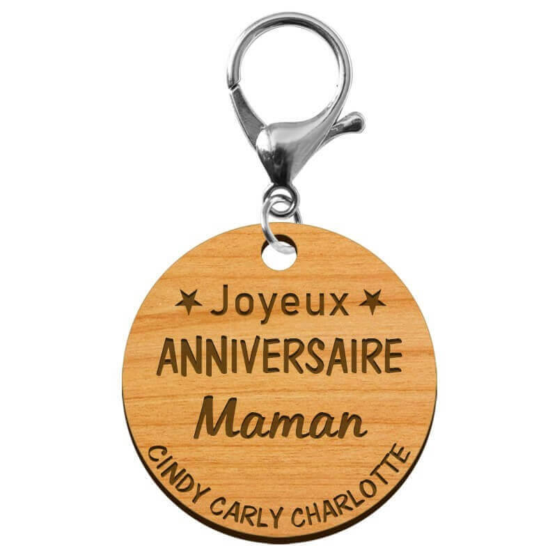 Porte-clé "Joyeux anniversaire Maman" prénoms à personnaliser mousqueton argenté