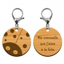 Recto verso porte-clé en bois coccinelle personnalisé gravé mousqueton argenté