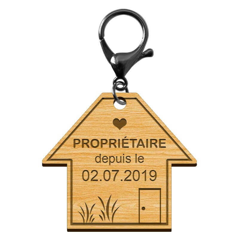 Porte-clé personnalisé Propriétaire avec dâte d'achat de maison et un mousqueton noir