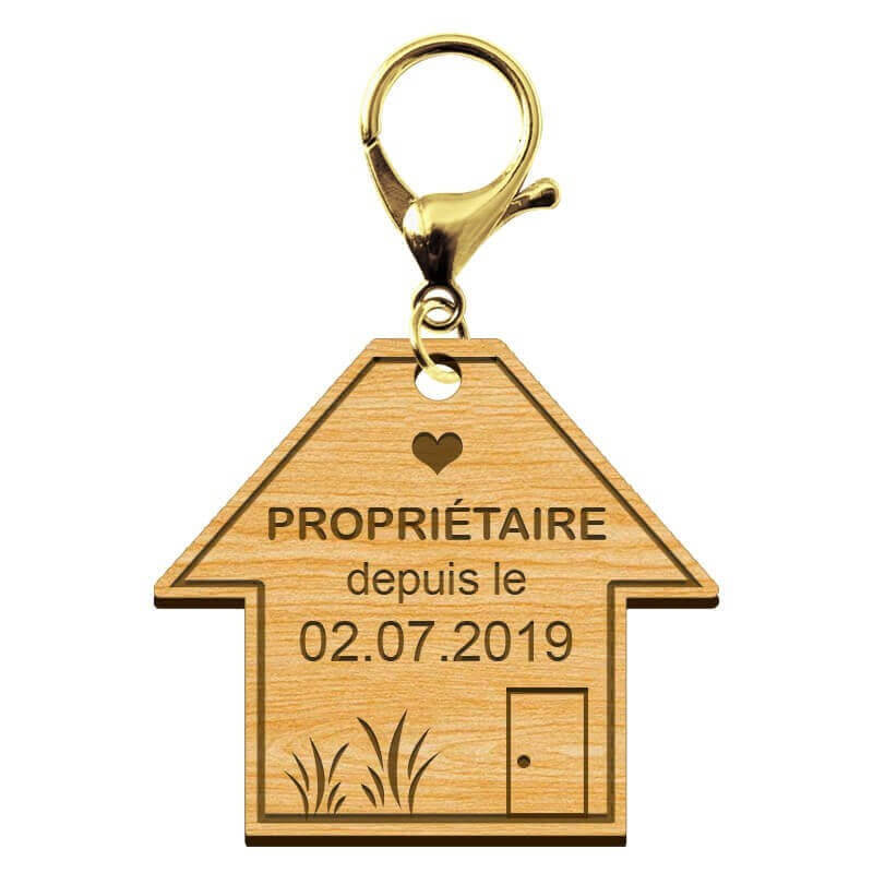 Porte-clé Proriétaire depuis le avec date d'aquisition gravée et mousqueton de couleur or