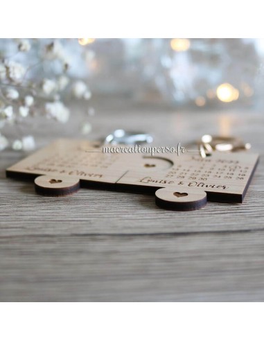 Porte-clés personnalisable puzzle en bois avec mousqueton métal