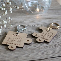 Porte-clés puzzle en bois personnalisé date et Prénoms