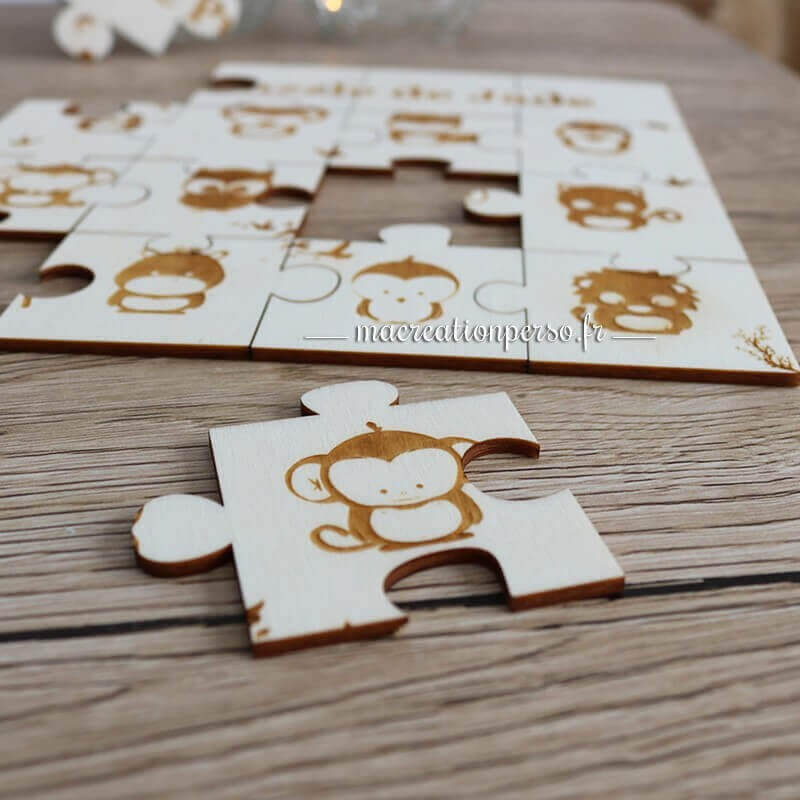Puzzle bois personnalisé prénom enfant gravé animaux