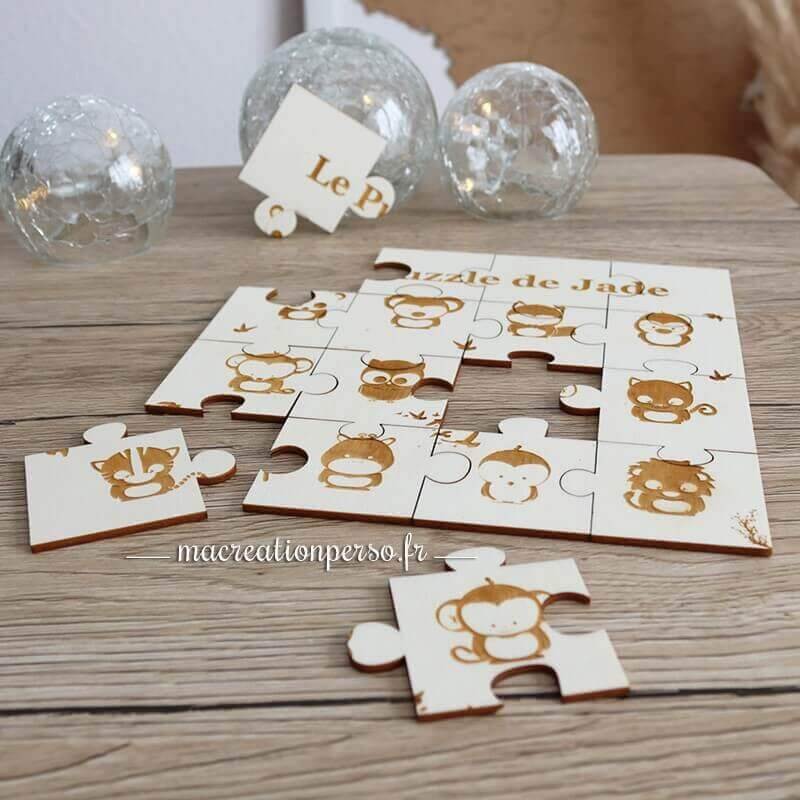 Puzzle nom personnalisé en bois avec animaux