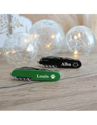 Couteau de poche personnalisé noir et vert Prénom Alba et Louis