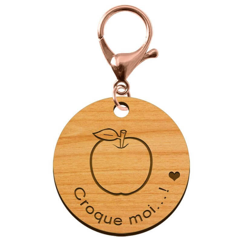 Porte-clé en bois "Pomme, croque moi...!" à personnaliser mousqueton rose