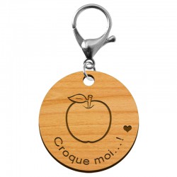 Porte-clé en bois "Pomme, croque moi...!" à personnaliser - macreationperso mousqueton argenté