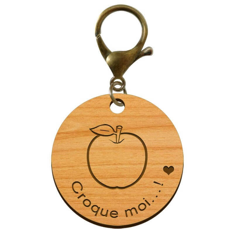 Porte-clé en bois "Pomme, croque moi...!" à personnaliser mousqueton vieil or