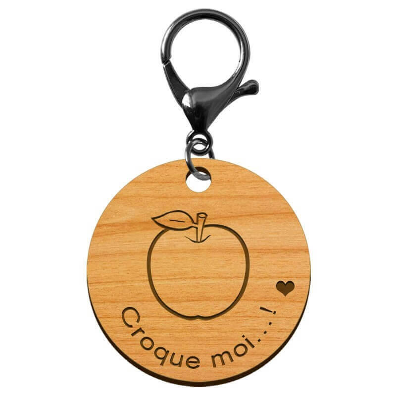 Porte-clé en bois "Pomme, croque moi...!" à personnaliser mousqueton noir