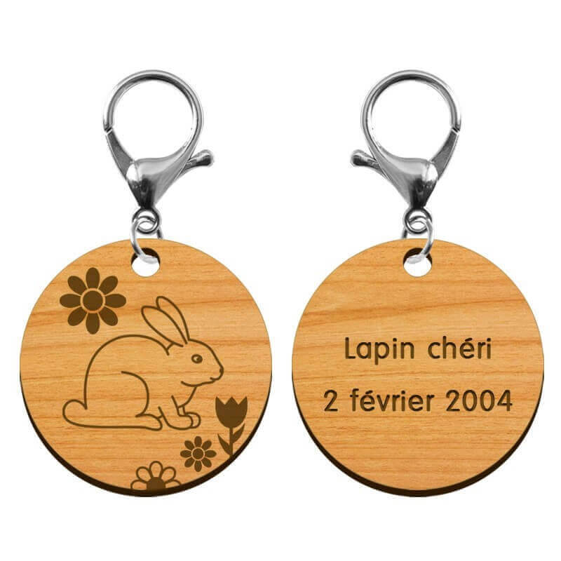 Recto verso gravé porte-clé en bois lapin mousqueton argenté