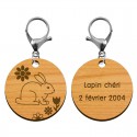Recto verso gravé porte-clé en bois lapin mousqueton argenté