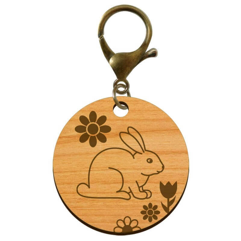 Porte-clés lapin gravé bois mouqueton bronze