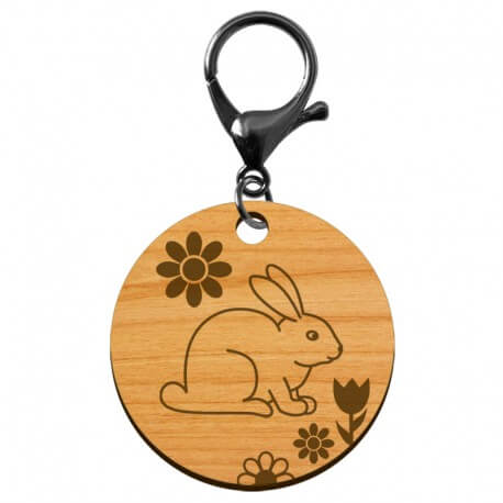 Porte-clé en bois motif lapin diamètre 45 mm avec mousqueton noir