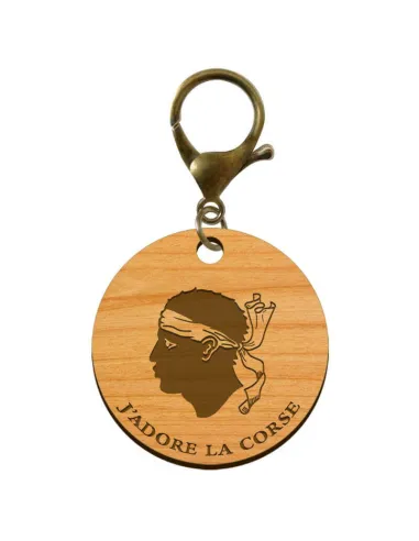 Porte-clé "J'adore la CORSE" en bois à personnaliser avec un mousqueton de couleur vieil or