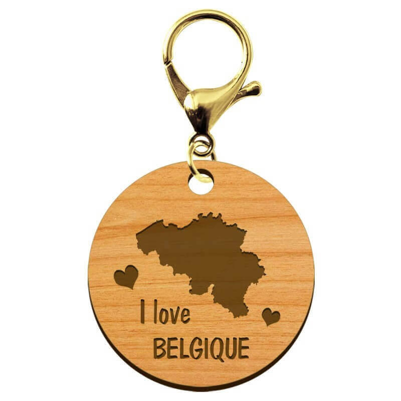 Porte-clé "I love Belgique" en bois à personnaliser mousqueton doré