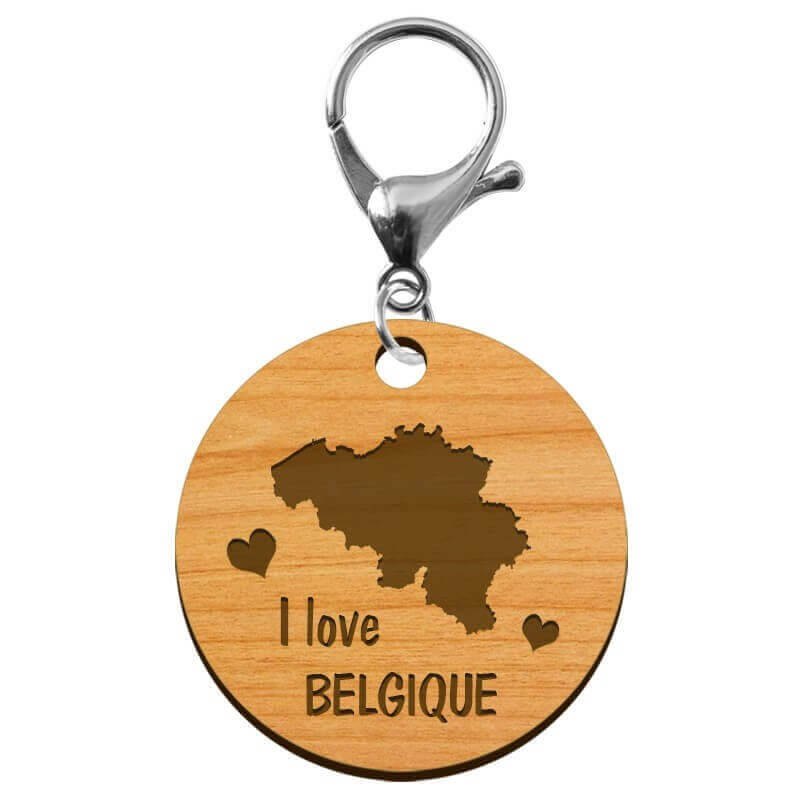 Porte-clé "I love Belgique" en bois à personnaliser mousqueton argenté