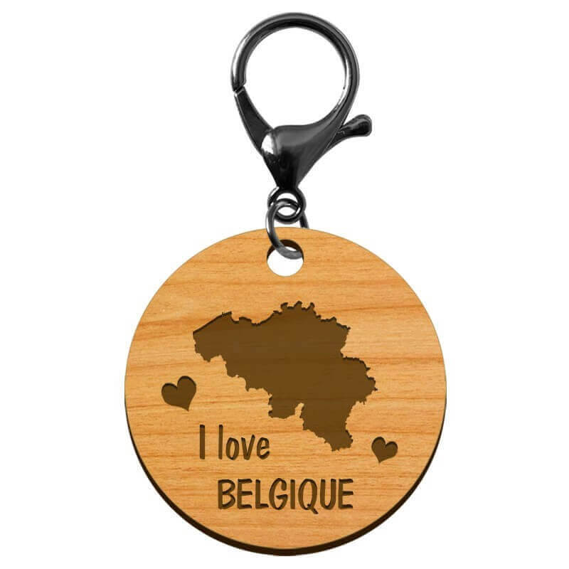 Porte-clé "I love Belgique" en bois à personnaliser mousqueton noir