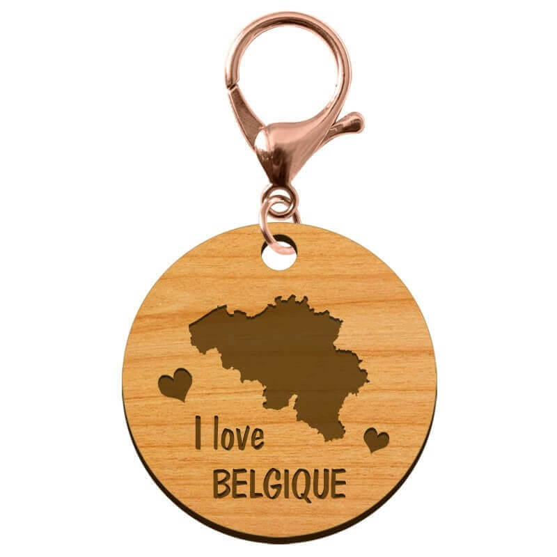 Porte-clé "I love Belgique" en bois à personnaliser mousqueton rose