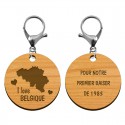 Recto verso porte-clé "I love Belgique" en bois à personnaliser mousqueton argenté