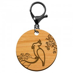 Porte-clé en bois motif perroquet diamètre 45 mm avec mousqueton noir