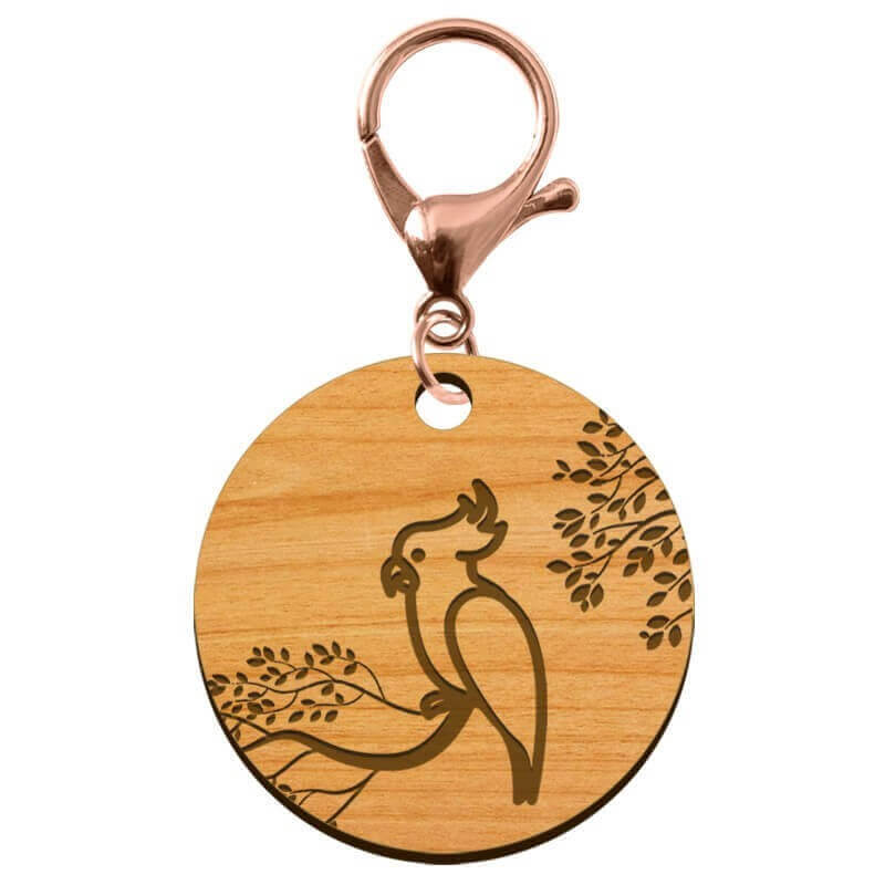 Porte-clef personnalisé rond en bois perroquet 45 mm mousqueton rose métallique