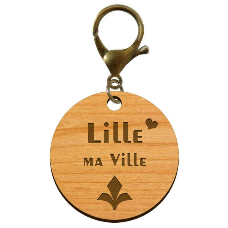 Porte-clés gravé Lille en bois 45 mm avec mousqueton de couleur bronze