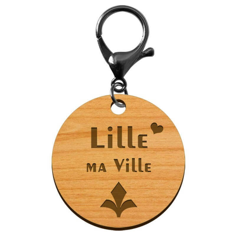Porte-clé en bois motif Lille ma Ville diamètre 45 mm avec mousqueton noir